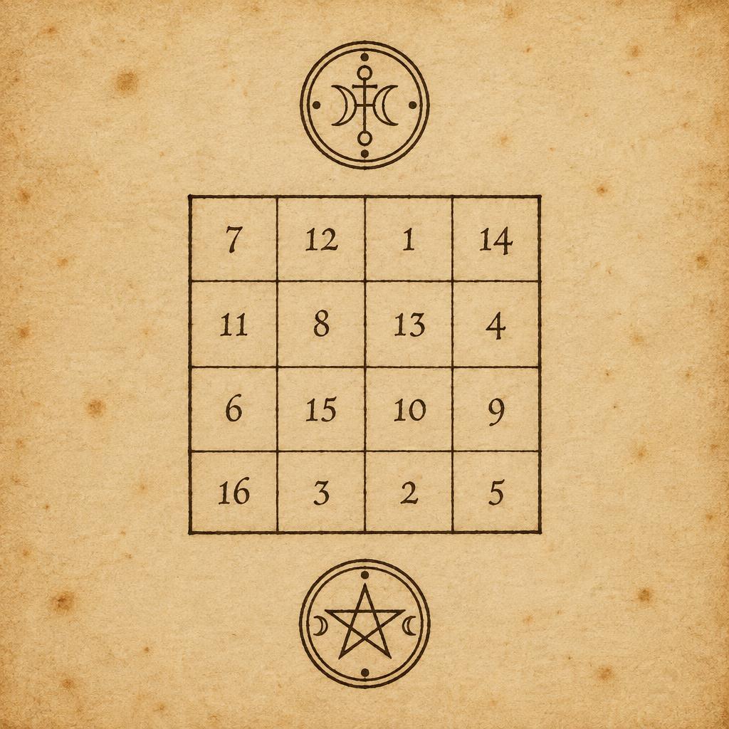 A hand-ruled four by four grid of numerals on parchment, with a circular seal above and below