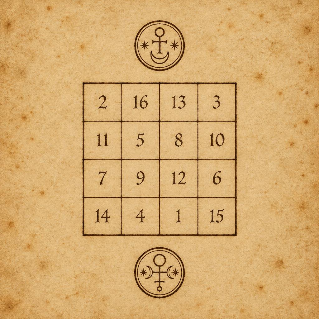 A hand-ruled four by four grid of numerals in a different arrangement, with a seal above and below