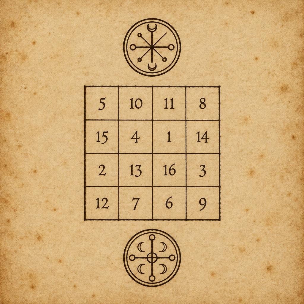 A hand-ruled four by four grid of numerals in a third arrangement, with seals above and below