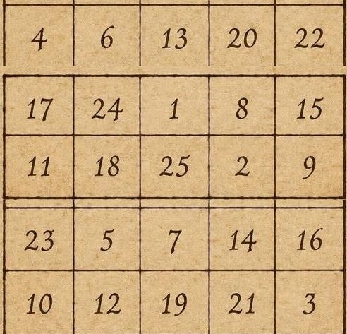 A hand-ruled five by five grid of numerals in a second arrangement