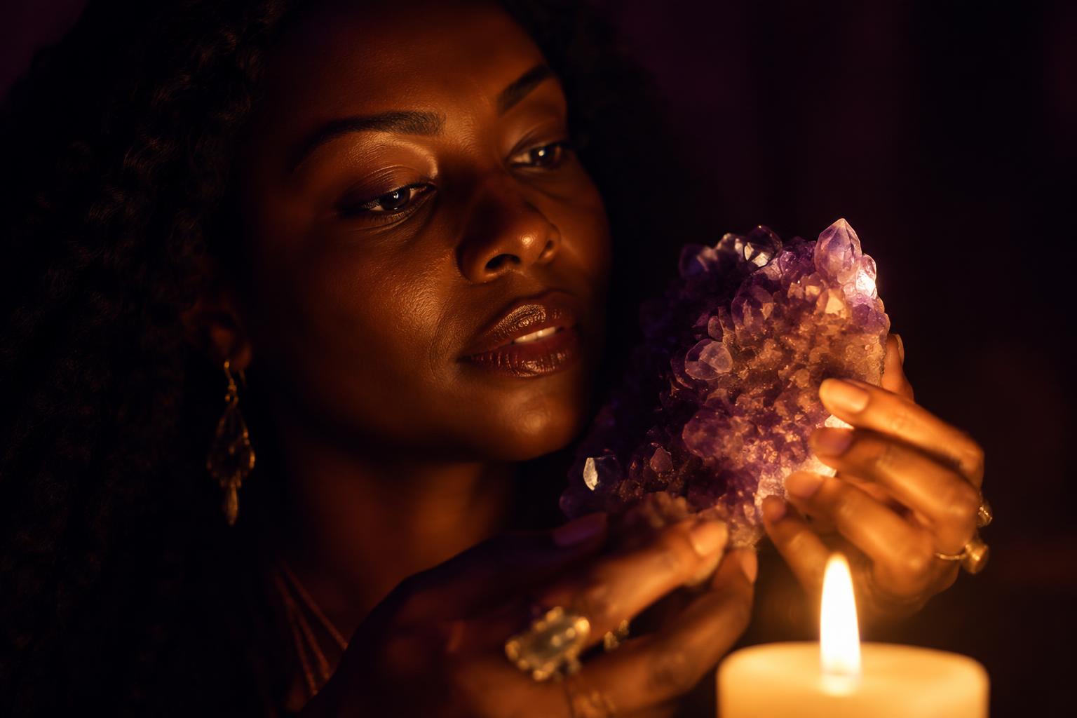 A student holding an amethyst cluster to the candlelight