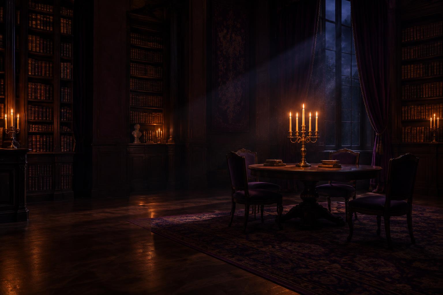A candlelit reading room with tall bookshelves