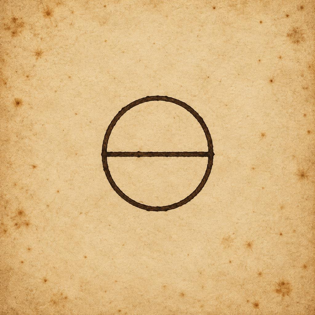 A closed circle with a single horizontal bar drawn through it, in ink on parchment