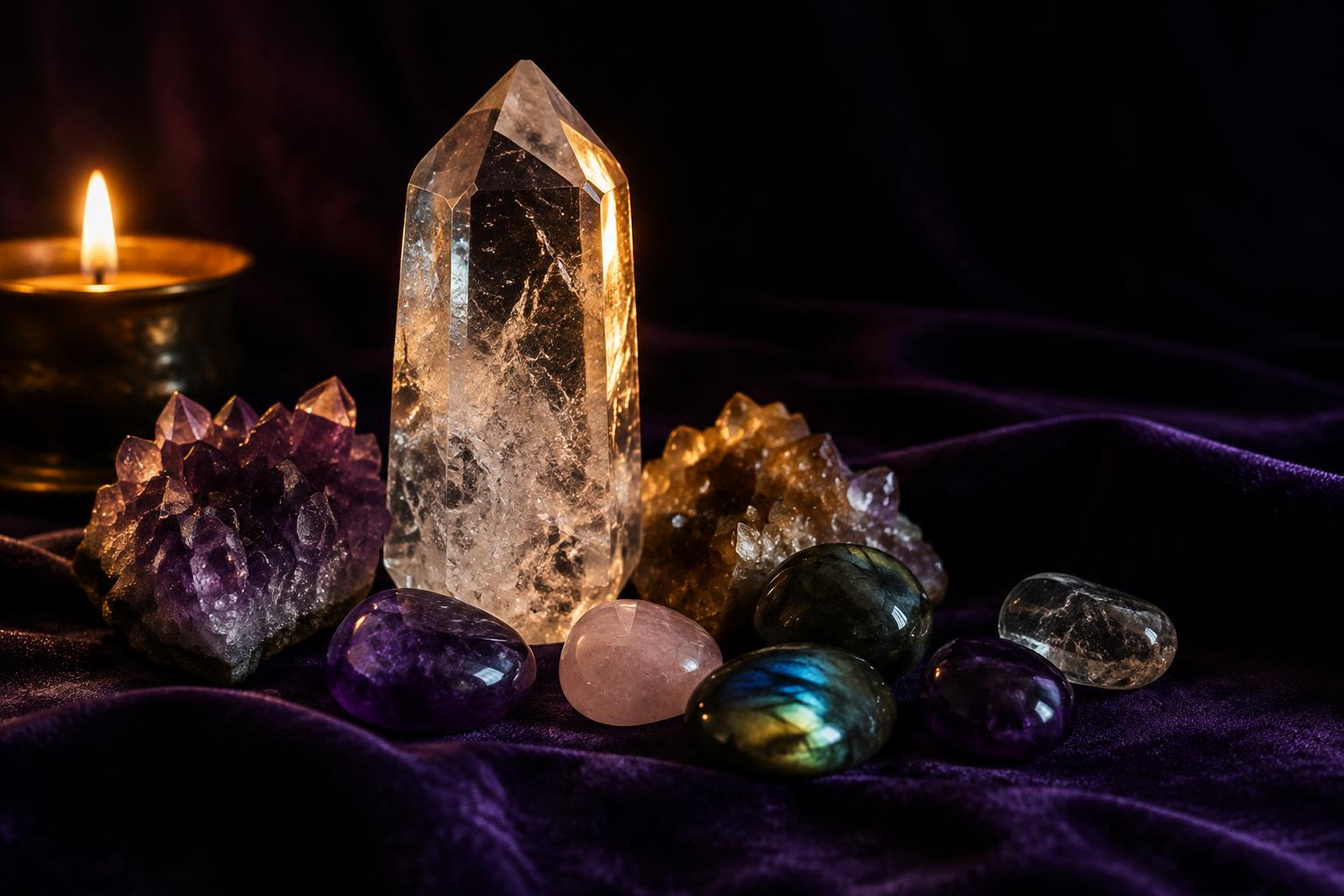 Crystals and tumbled stones on deep purple velvet by candlelight