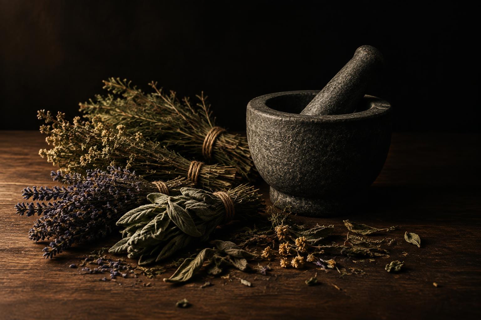 Bundles of dried herbs beside a stone mortar and pestle