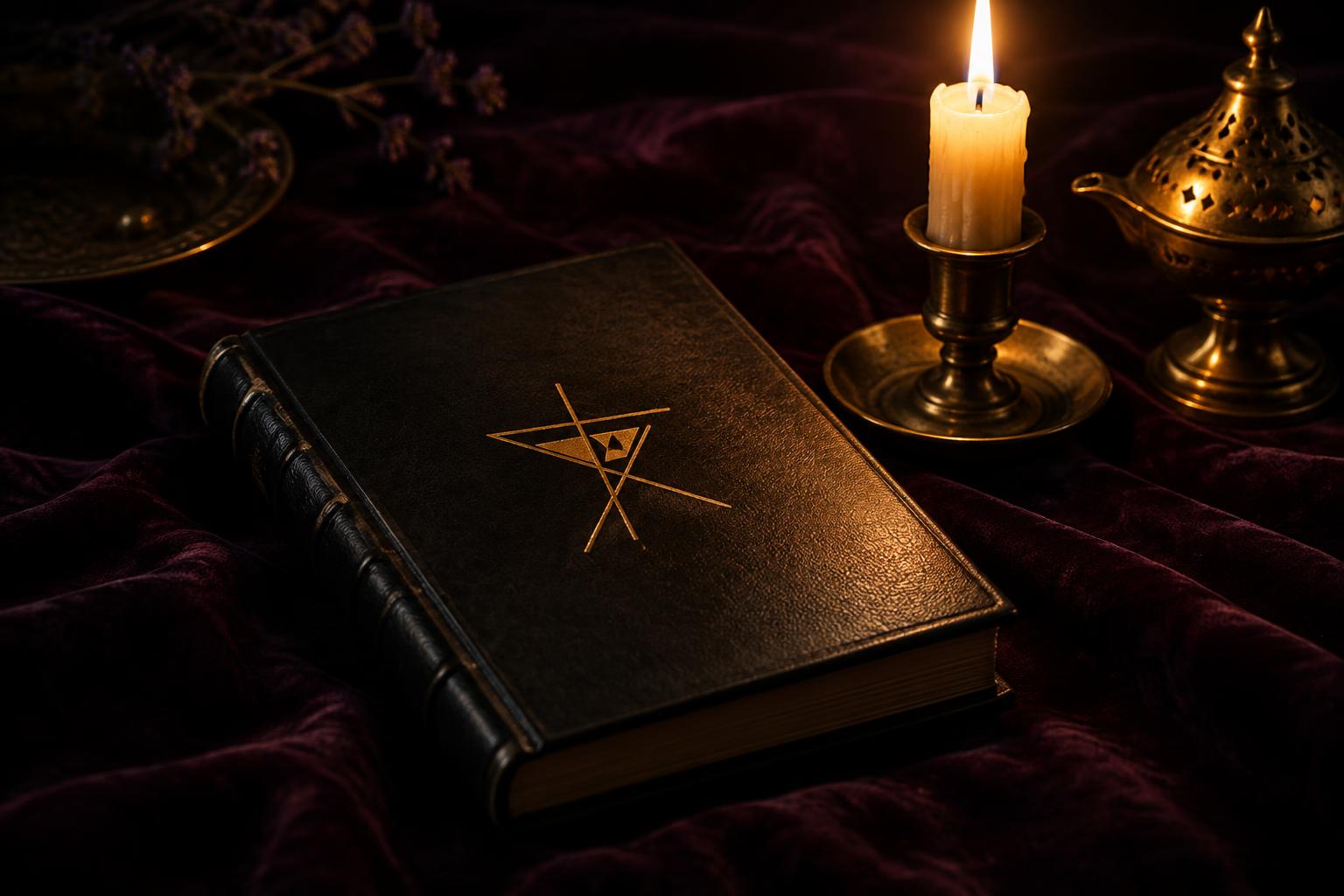 A black leather book with a single gold mark on its cover, on dark velvet beside a candle