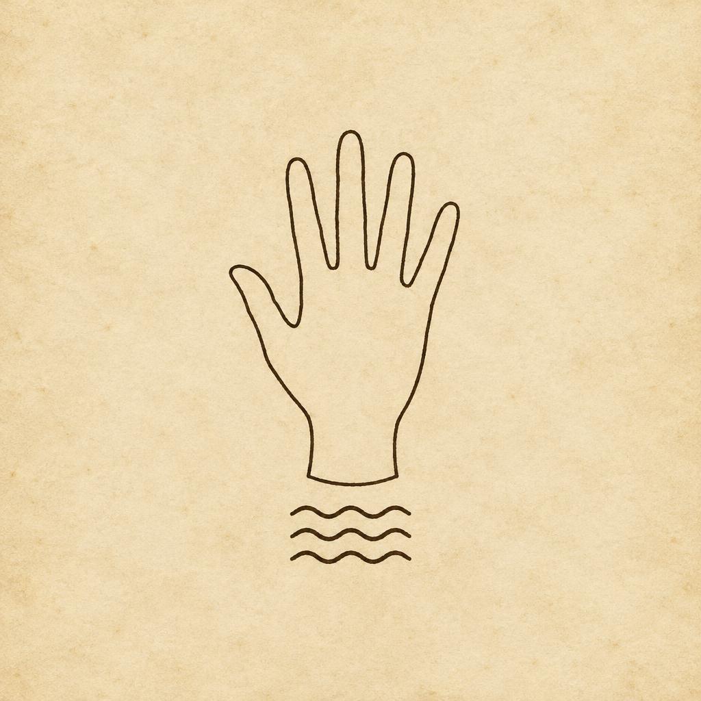 A hand-ruled plate showing an open hand held above three waves of water