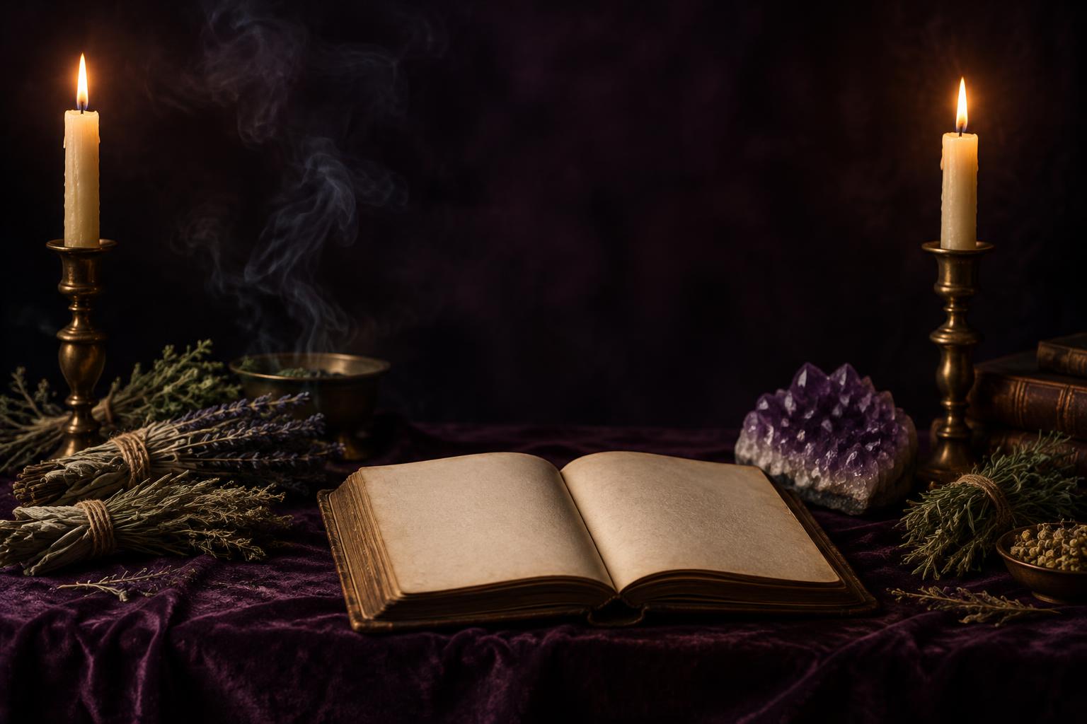 A candlelit altar of herbs and amethyst