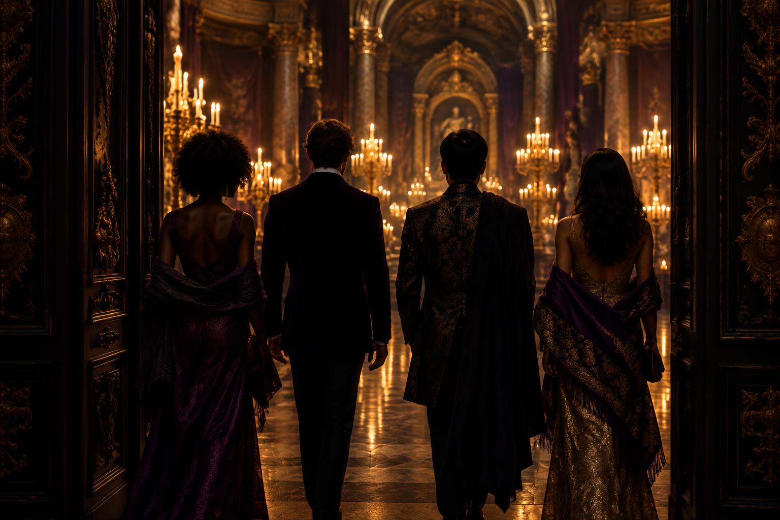 Members walking through a doorway into a hall of candles