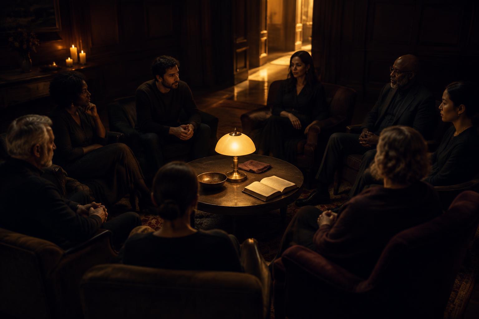 Members seated in a circle in a candlelit panelled room