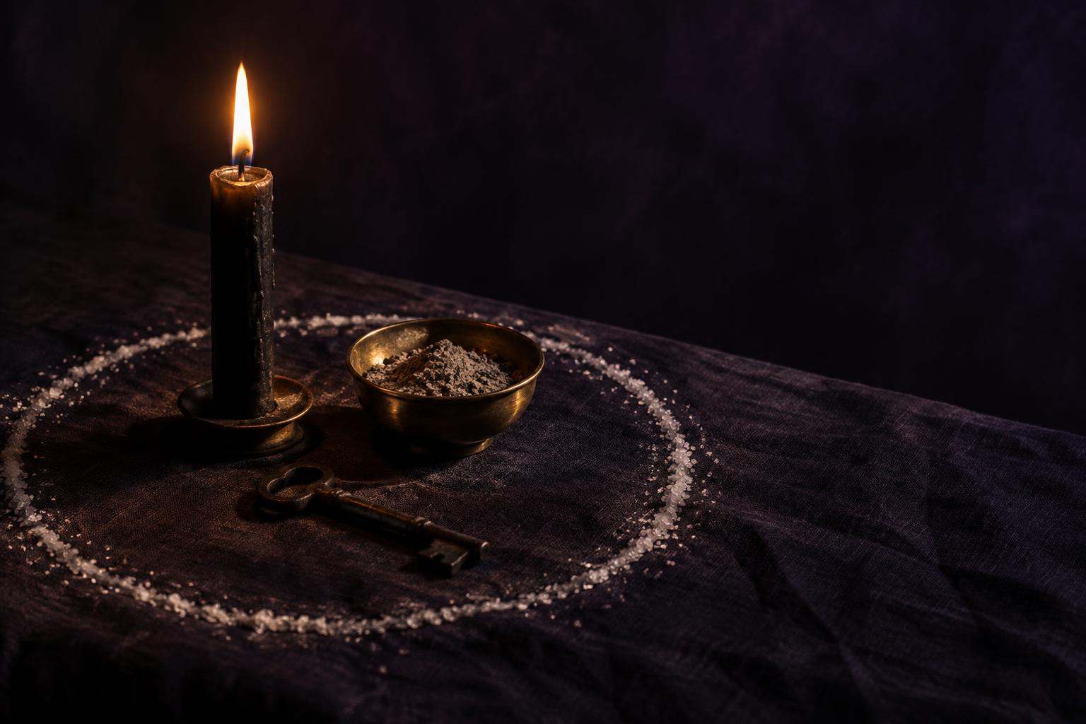 A black candle, a brass bowl and an old key arranged inside a circle of salt