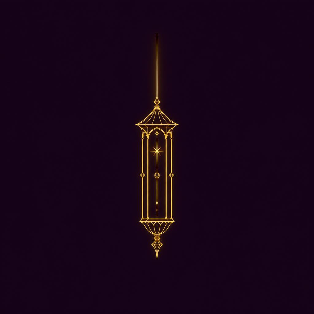 A tall lantern form drawn in a single fine line, with one straight ray rising from the top
