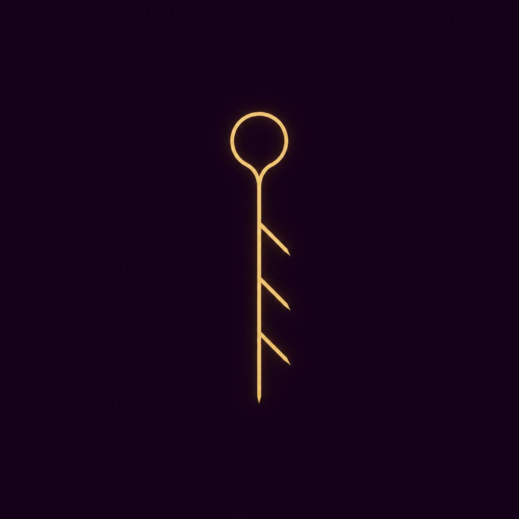 An angular key-like form drawn in one line: a vertical stem with three descending teeth and a looped head