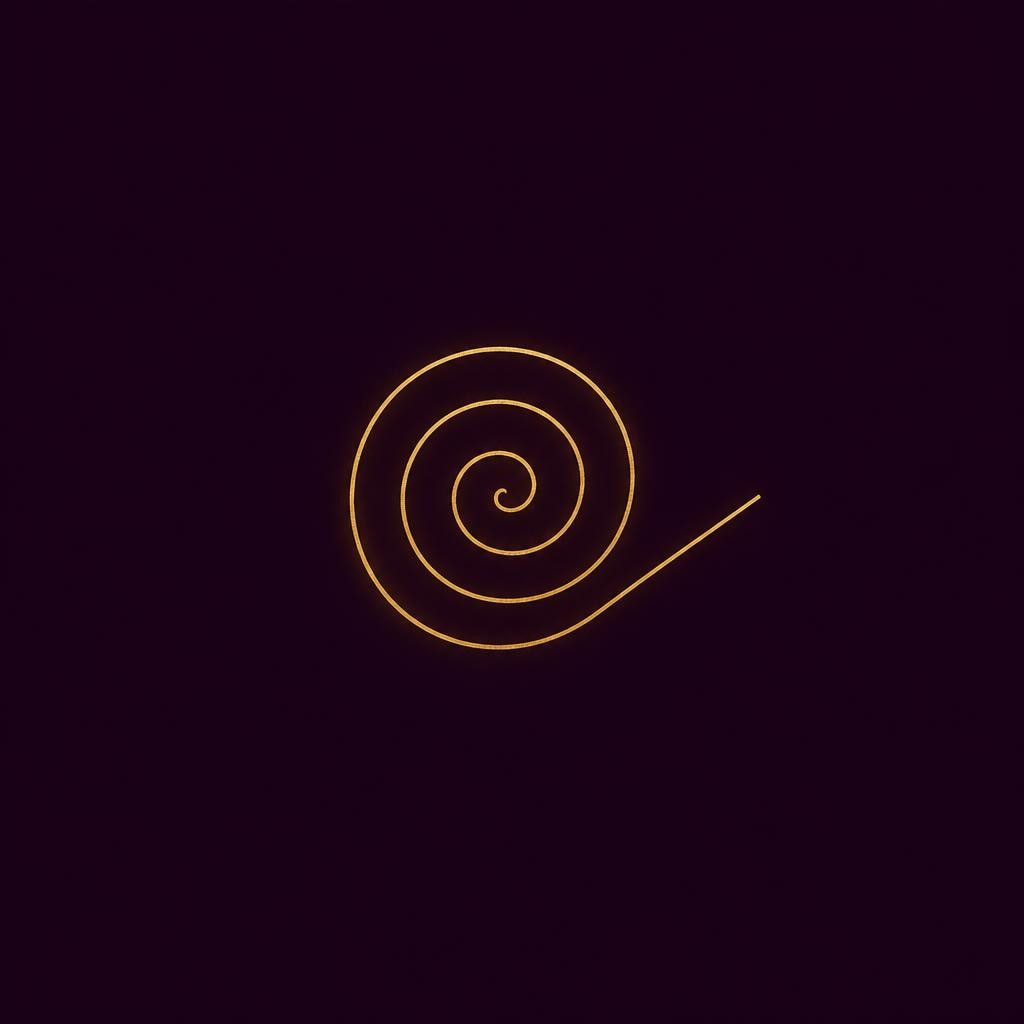 A spiral of about two and a half turns with a straight tail leaving the outer end