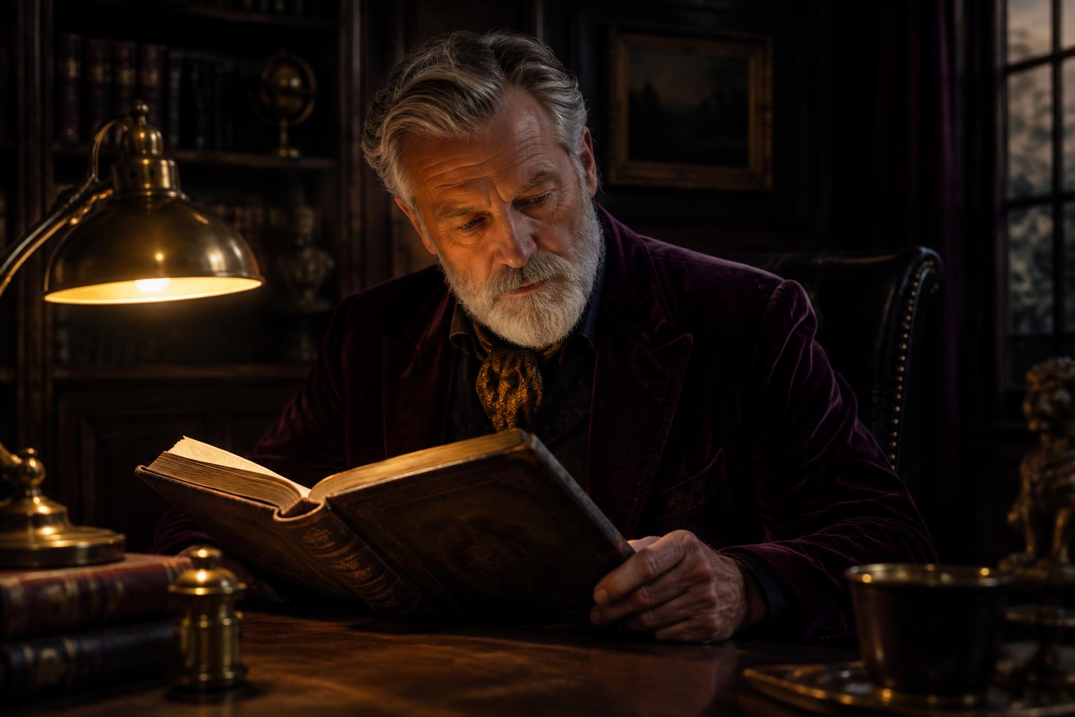 An older student reading a leather grimoire by lamplight
