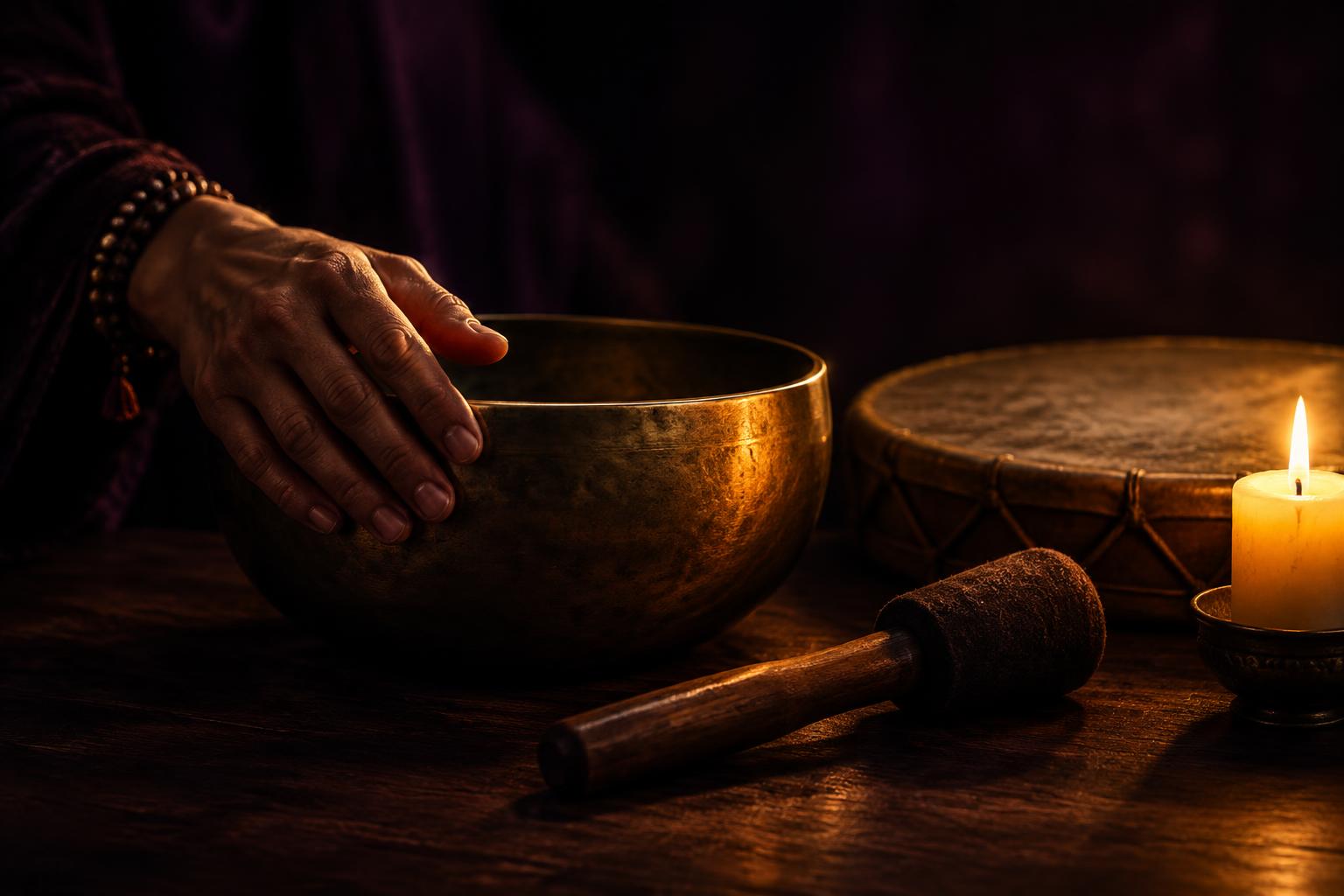 A hand resting on a bronze singing bowl beside a mallet and a lit candle