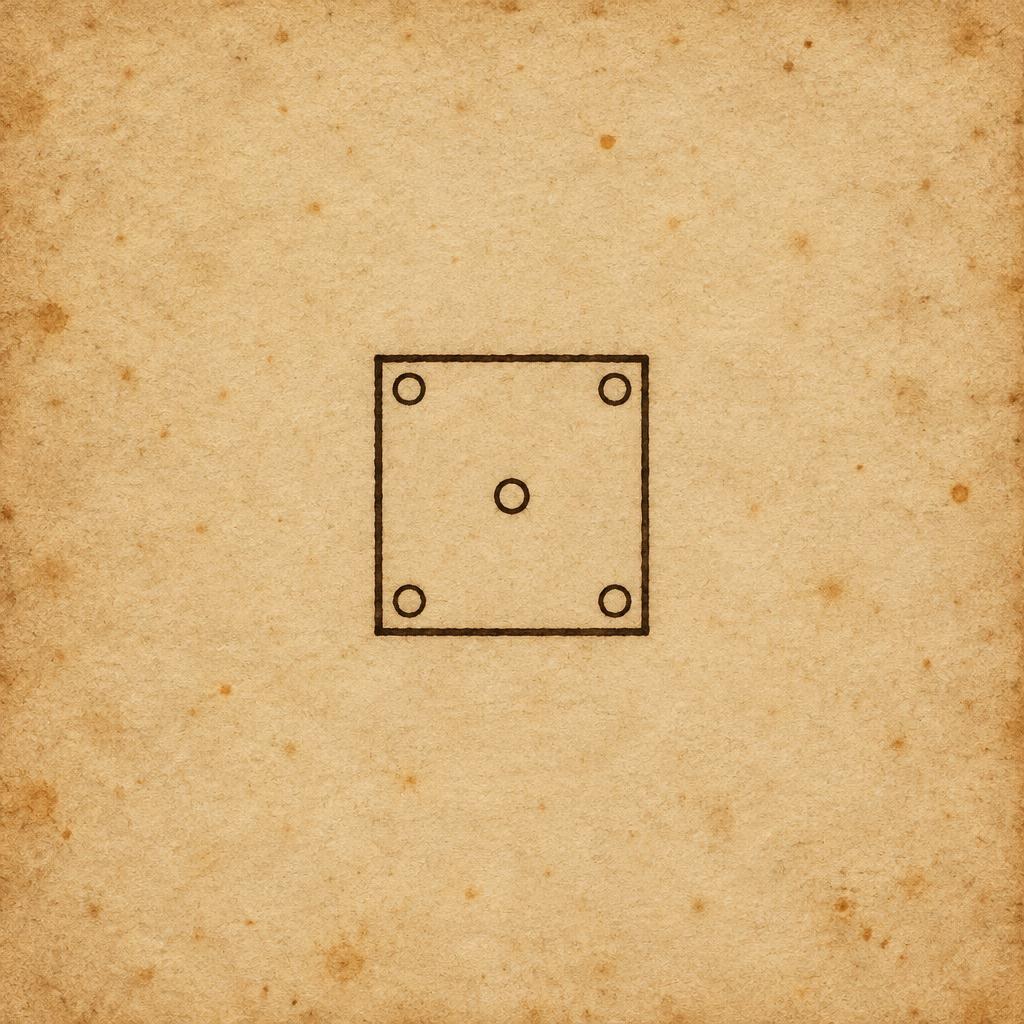A square outline with four small circles at its corners and one at its centre, in ink on parchment