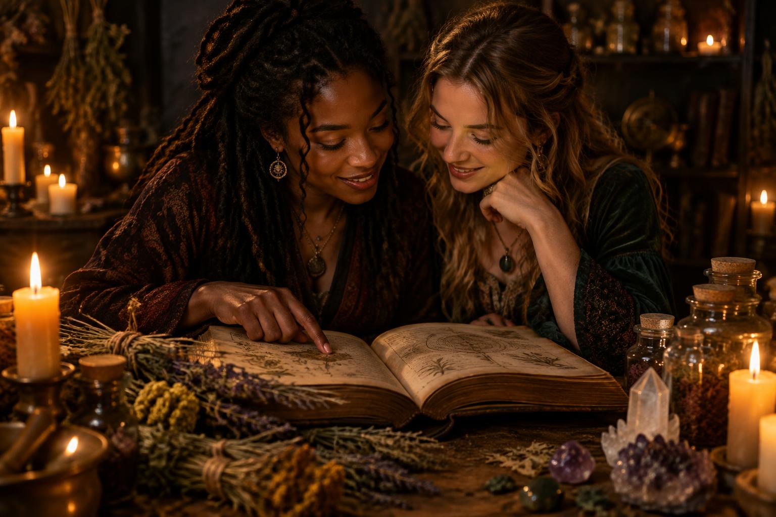 Two students leaning over one open book together at a workbench