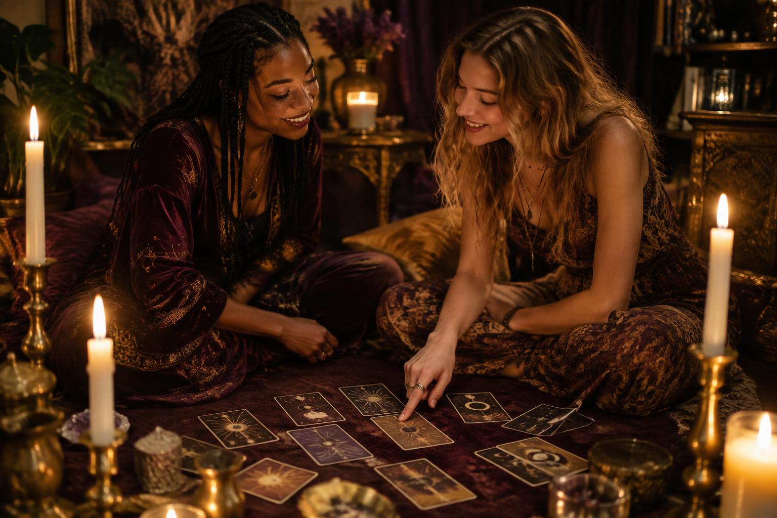 Two students reading cards together on a plum rug by candlelight